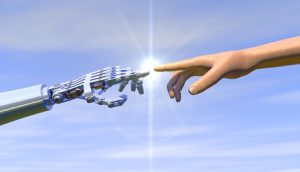 High quality 3D render of a robot hand touching a human hand, representing the relationship between human and artificial intelligence. Bright blue overcast sky, lens flare for dramatic effect.